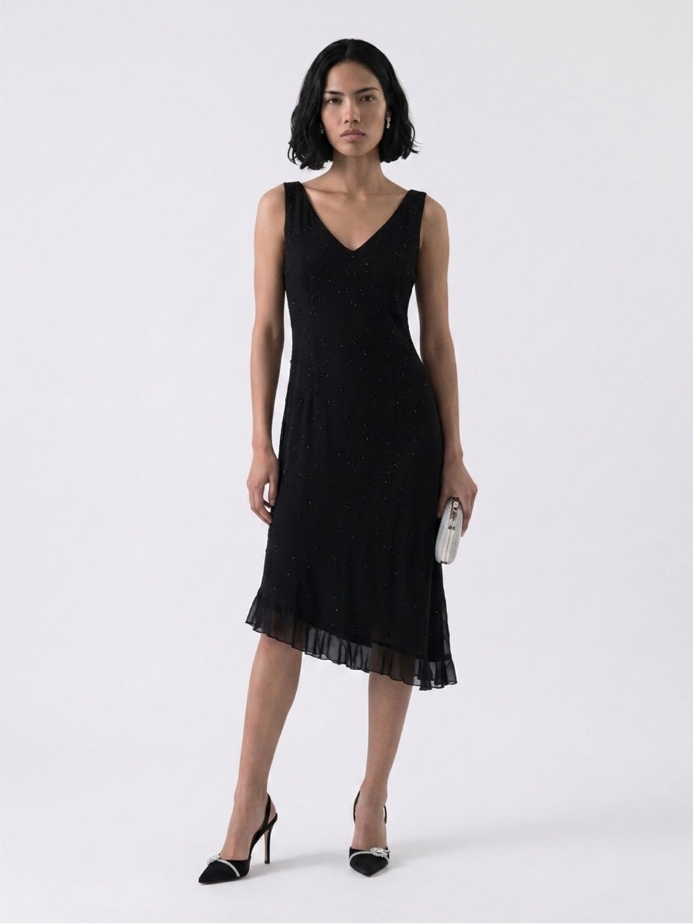 Vintage Y2K Black Ruffle Asymmetrical Midi Length Shimmer dress